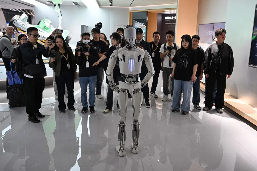 Xpeng’s next-gen Iron humanoid robot talks during a showroom tour at its headquarters in Guangzhou, in southern China’s Guangdong province on 5 November 2025.