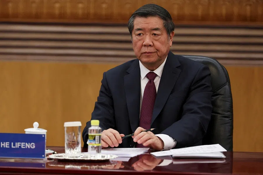 Chinese Vice Premier He Lifeng attends a meeting with global business leaders at the Great Hall of the People in Beijing, China, on 28 March 2025. (Florence Lo/Reuters)