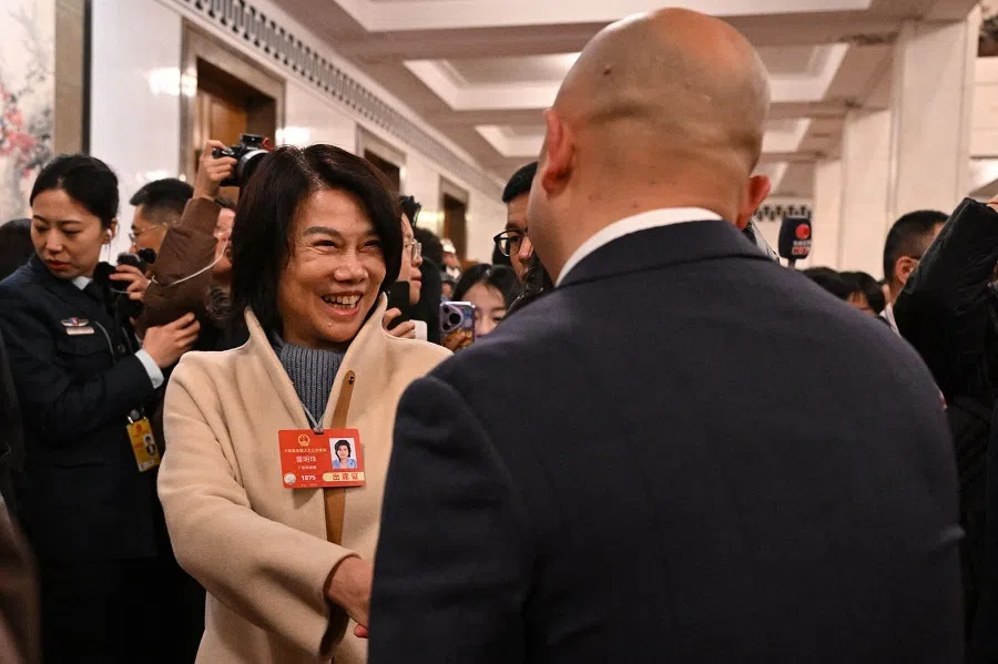 Chairwoman of Gree Electric Dong Mingzhu arrives for the opening session of the National People’s Congress at the Great Hall of the People in Beijing on 5 March 2025. (Jade Gao/AFP)
