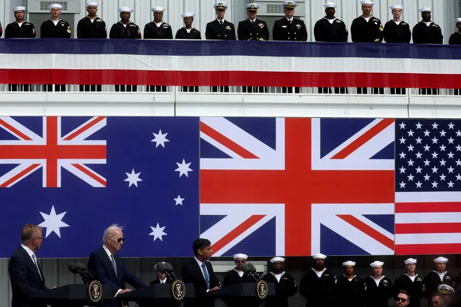 US President Joe Biden, Australian Prime Minister Anthony Albanese and British Prime Minister Rishi Sunak deliver remarks on the Australia-UK-US (AUKUS) partnership, after a trilateral meeting, at Naval Base Point Loma in San Diego, California, US, on 13 March 2023.
