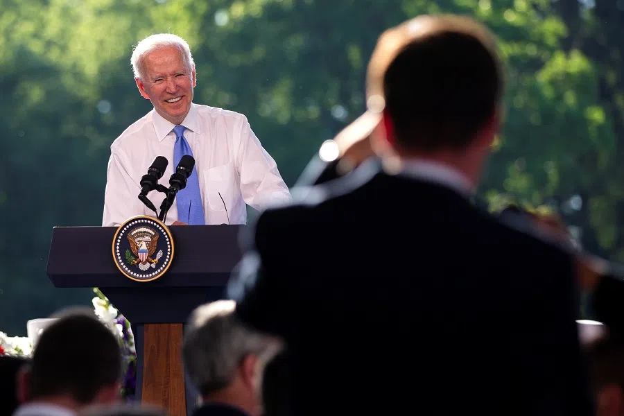 US President Joe Biden answers questions from journalists during a news conference after the US-Russia summit with Russia's President Vladimir Putin, in Geneva, Switzerland, 16 June 2021. (Peter Klaunzer/ Pool via Reuters)