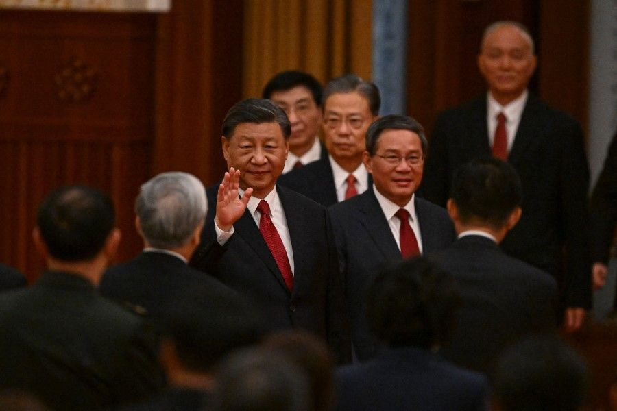 Chinese President Xi Jinping (first from left) and Chinese leaders attend a reception dinner at the Great Hall of the People ahead of China's National Day in Beijing on 28 September 2023. (Xuan Gao and Jade Gao/AFP)