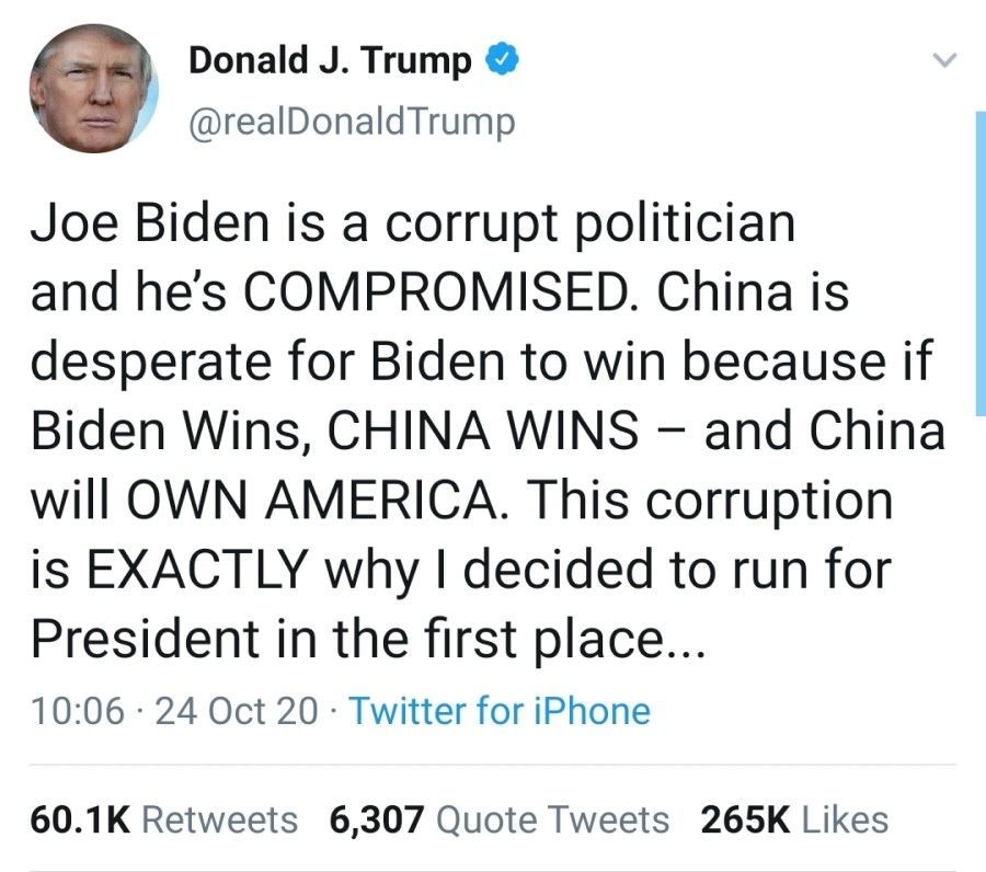 A screenshot of a tweet by US President Donald Trump. (Twitter)