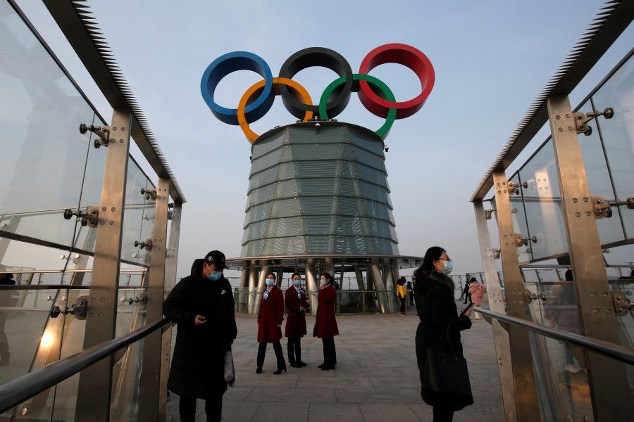 A giant Olympic symbol at the Olympic Tower, during an organised media tour to 2022 Winter Olympic Games venues in Beijing, China, 22 January 2021. (Tingshu Wang/Reuters)