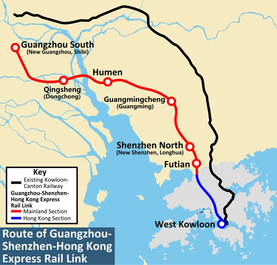Route map of the Guangzhou-Shenzhen-Hong Kong Express Rail Link. (Graphic: Altt311/Licensed under CC BY-SA 3.0)