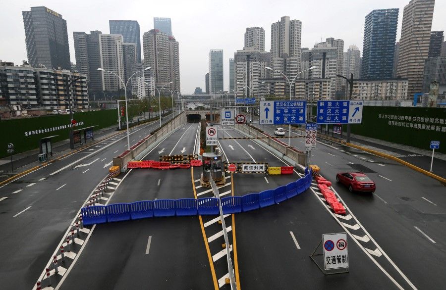Wuhan Yangtze River Tunnel is blocked with a barrier during the lockdown on Wuhan. (Reuters)