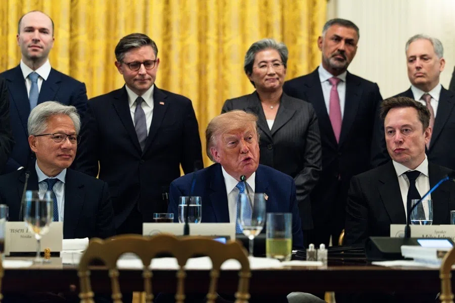 (From left) Greg Brockman, president and co-founder of OpenAI Inc, Jensen Huang, CEO of Nvidia Corp., US House Speaker Mike Johnson, a Republican from Louisiana, US President Donald Trump, Lisa Su, chair and CEO of Advanced Micro Devices Inc. (AMD), Nikesh Arora, chief executive officer at Palo Alto Networks Inc., and Elon Musk, CEO of Tesla Inc., during a meeting with tech executives on AI in the East Room of the White House in Washington, DC, US, 29 September 2026.
