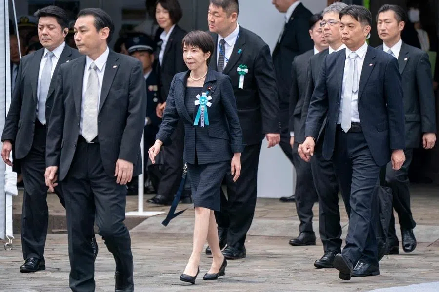 Japan's Prime Minister Sanae Takaichi (centre) attends a ceremony to pay respects to unidentified war dead who lost their lives in World War II at the Chidorigafuchi National Cemetery in Tokyo on 25 May 2026.