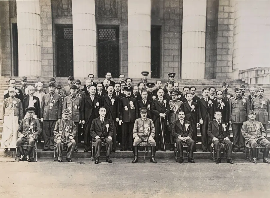 In November 1943, the Japanese government held a Greater East Asia Co-Prosperity Sphere conference, attended by representatives from puppet governments in areas occupied by Japan. In the centre is Japanese Prime Minister Hideki Tojo, with Wang Jingwei, chairman of the puppet National Government, on his left. (Photo provided by Hsu Chung-mao)