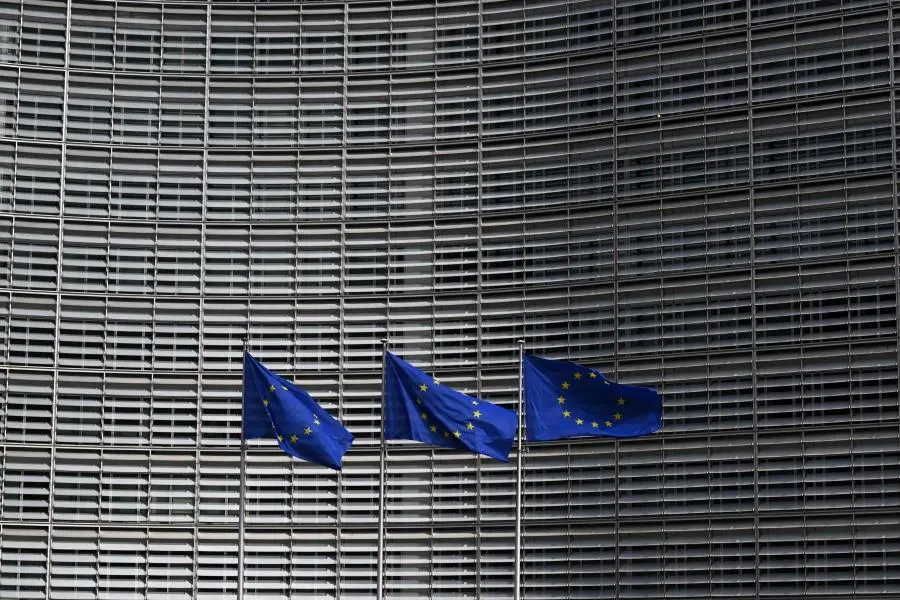 European Union flags outside the EU Commission headquarters in Brussels on 16 March 2026.