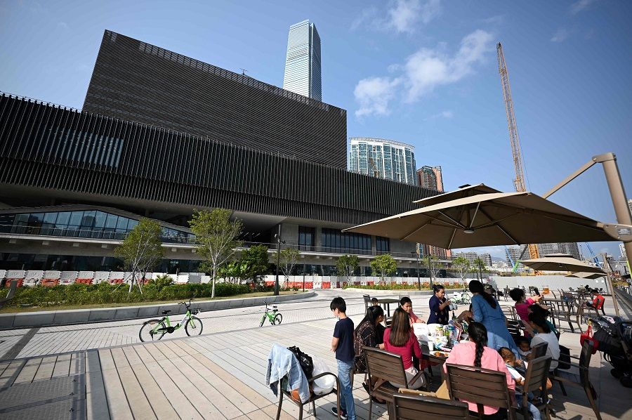 This photo taken on 17 March 2021 shows M+ (centre), a museum of visual culture, currently under construction and scheduled to open later this year, in the West Kowloon Cultural District of Hong Kong. (Peter Parks/AFP)