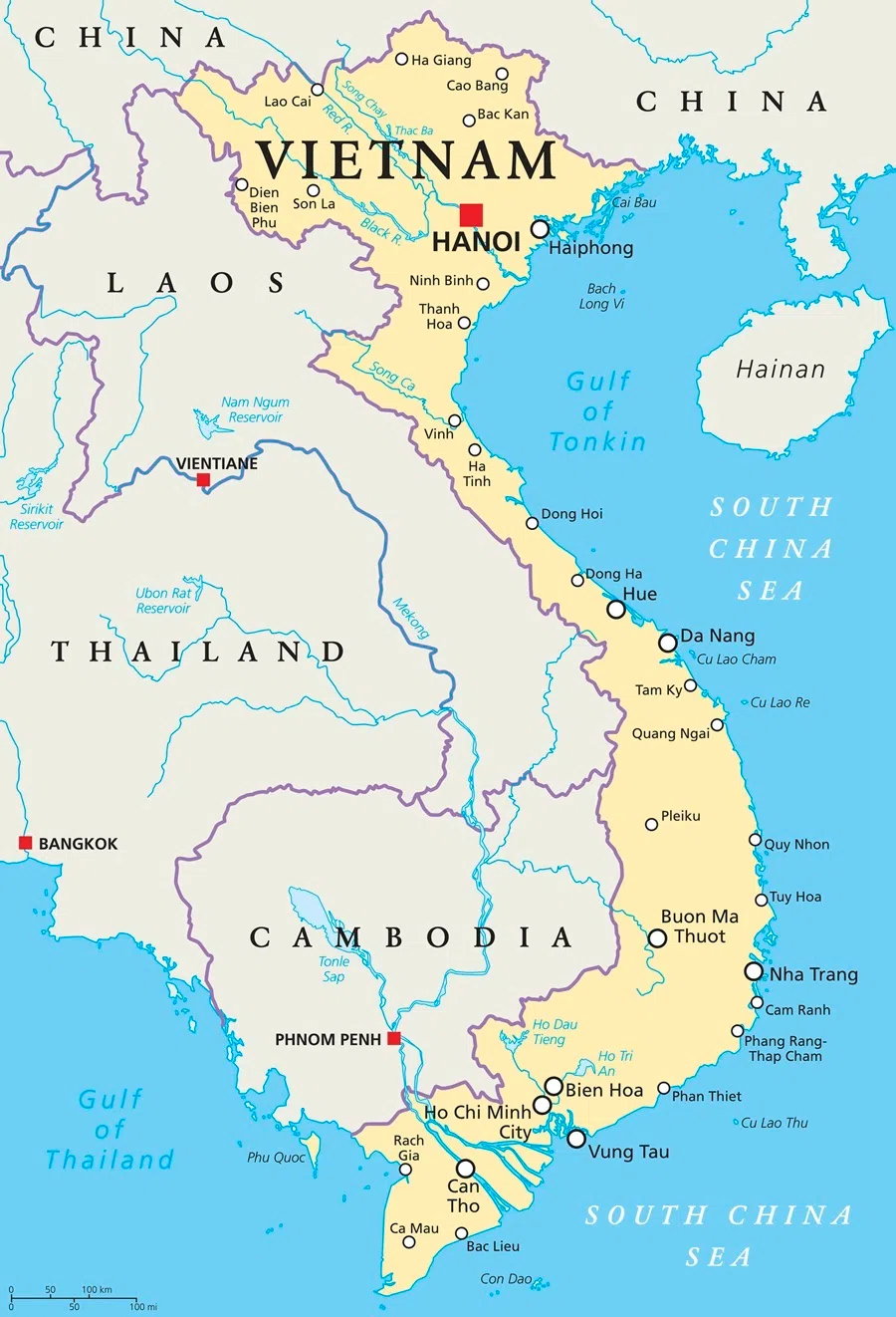 Map of Vietnam, showing Can Tho in the south and Haiphong in the north.
