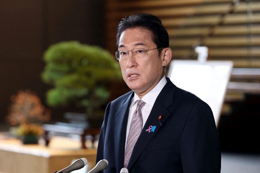 Japan's Prime Minister Fumio Kishida speaks to the media at his office in Tokyo on 19 November 2021. (Jiji Press/AFP) / Japan OUT
