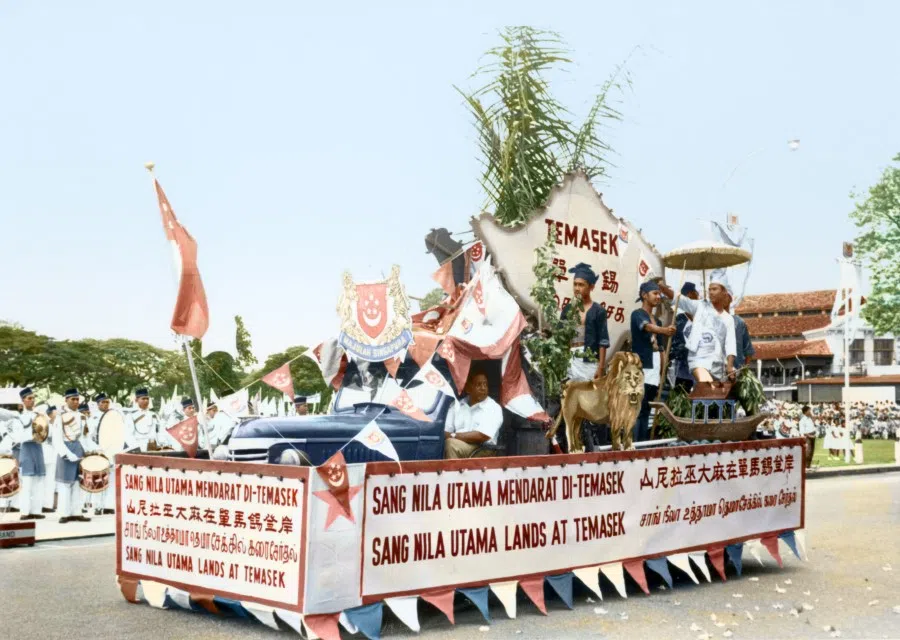 A float in 1970s depicts the story of Singapore's history as the ancient Malay kingdom of Temasek, lending it a rich historical flavour.
