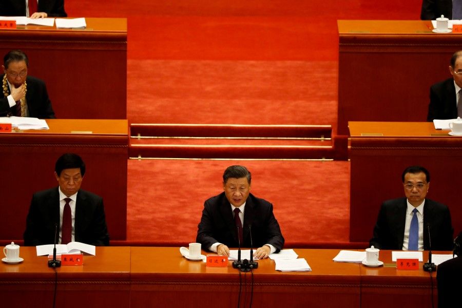 Chinese President Xi Jinping delivers a speech during a meeting to commend role models in China's fight against the coronavirus disease (COVID-19) outbreak, at the Great Hall of the People in Beijing, China, 8 September 2020. (Carlos Garcia Rawlins/REUTERS)