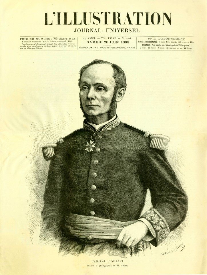A portrait of Admiral Amédée Courbet on the cover of French publication L'Illustration, 1885. This hawkish French fleet commander died of illness in the Penghu (Pescadores) islands.