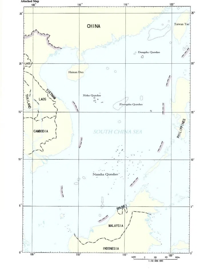 Map of the South China Sea featuring the “nine-dash line” attached to a note verbale dated 7 May 2009 from China to the United Nations in protest of an extended continental shelf declaration by Vietnam. (Commission on the Limits of the Continental Shelf)