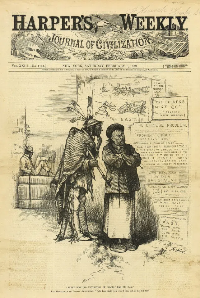"Every dog (no distinction of color) has his day", Harper's Weekly, 8 February 1879. A Native American chief tells a Chinese official: "Pale face 'fraid you crowd him out, as he did me." But the Chinese official folds his arms and looks into the distance, seemingly uninterested. In the late 19th century, the concept of the "yellow peril" arose, advocating the damage and threat posed to the whites by yellow-skinned people, becoming the strongest reasoning for politicians to be sinophobic. In The Fable of the Yellow Terror, Mark Twain shows his deep fear of China. He uses an allegory of a tribe of butterflies and a tribe of bees to describe the relationship between the Western powers and China. The butterflies can make honey and sting, while the bees are a simple, peaceable, and culturally backward tribe that is not interested in making honey. But to expand their territory, the butterflies invade the land of the bees and bring honey-making to the bees. A wise grasshopper then warns the butterflies that one day when the bees learn to make honey and sting, they will take over the butterflies' market at a lower price, and destroy the butterflies with the very sting they were taught by the butterflies.