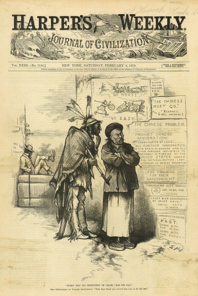 "Every dog (no distinction of color) has his day", Harper's Weekly, 8 February 1879. A Native American chief tells a Chinese official: "Pale face 'fraid you crowd him out, as he did me." But the Chinese official folds his arms and looks into the distance, seemingly uninterested. In the late 19th century, the concept of the "yellow peril" arose, advocating the damage and threat posed to the whites by yellow-skinned people, becoming the strongest reasoning for politicians to be sinophobic. In The Fable of the Yellow Terror, Mark Twain shows his deep fear of China. He uses an allegory of a tribe of butterflies and a tribe of bees to describe the relationship between the Western powers and China. The butterflies can make honey and sting, while the bees are a simple, peaceable, and culturally backward tribe that is not interested in making honey. But to expand their territory, the butterflies invade the land of the bees and bring honey-making to the bees. A wise grasshopper then warns the butterflies that one day when the bees learn to make honey and sting, they will take over the butterflies' market at a lower price, and destroy the butterflies with the very sting they were taught by the butterflies.