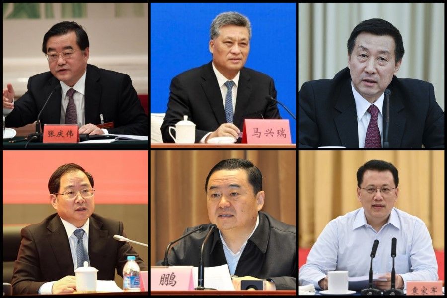 From left: (top row) Hunan party secretary Zhang Qingwei, Xinjiang party secretary Ma Xingrui, State Councilor Wang Yong; (bottom row) Minister of Information and Technology Jin Zhuanglong, chairman of the State-owned Assets Supervision and Administration Commission (SASAC) Hao Peng and Zhejiang party secretary Yuan Jiajun. (Internet)