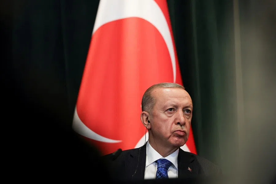 Turkish President Tayyip Erdoğan looks on during a meeting with Albania’s Prime Minister Edi Rama in Tirana, Albania, on 10 October 2024. (Florion Goga/Reuters)
