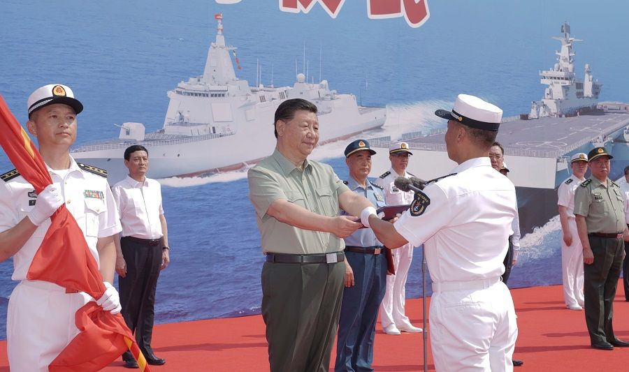 Chinese President Xi Jinping attends the commissioning ceremony of three PLA Navy battle warships in Sanya, Hainan province, China, 23 April 2021. (Xinhua)
