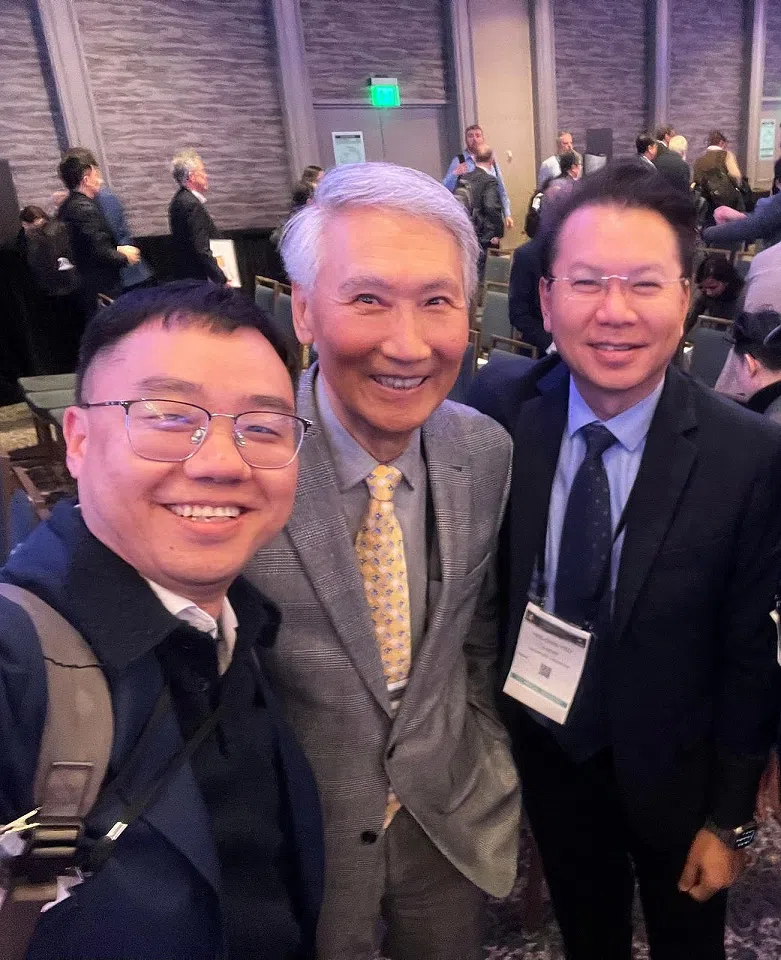Prof Yeo at the IEDM, with Professor Chenming Hu of Berkeley (centre), and Gong Xiao of NUS (left). (Photo provided by interviewee)