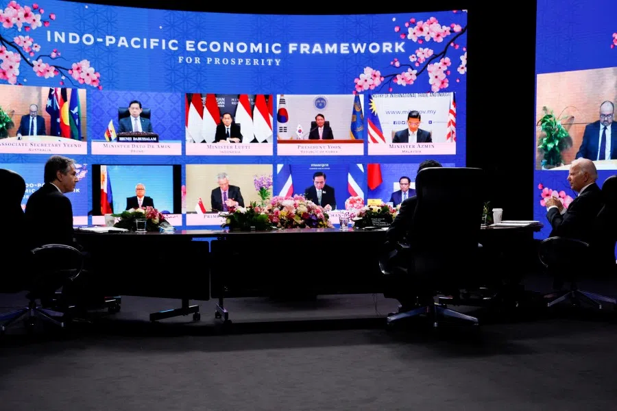 US President Joe Biden, US Secretary of State Antony Blinken and Japan's Prime Minister Fumio Kishida listen to other leaders joining the Indo-Pacific Economic Framework for Prosperity (IPEF) launch event virtually, at Izumi Garden Gallery in Tokyo, Japan, 23 May 2022. (Jonathan Ernst/Reuters)
