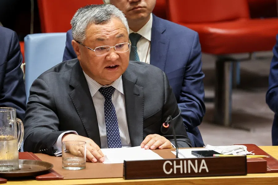 China’s ambassador to the UN Fu Cong speaks during a United Nations Security Council meeting about conflicts in the Middle East at UN headquarters in New York City, US, on 30 June 2025. (Kylie Cooper/Reuters)