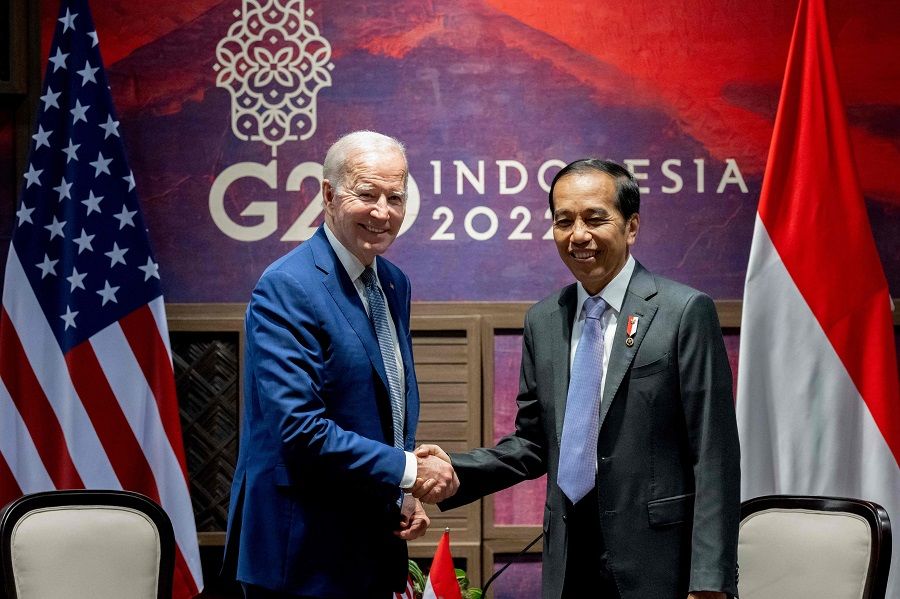 US President Joe Biden and Indonesian President Joko Widodo hold a meeting on the sidelines of the G20 Summit in Bali, Indonesia, on 14 November 2022. (Saul Loeb/AFP)