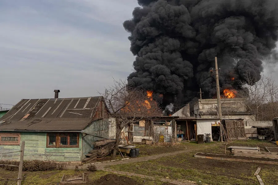 This photograph shows a fire following a strike on the outskirts of Odessa on 11 March 2025, amid the Russian invasion of Ukraine.