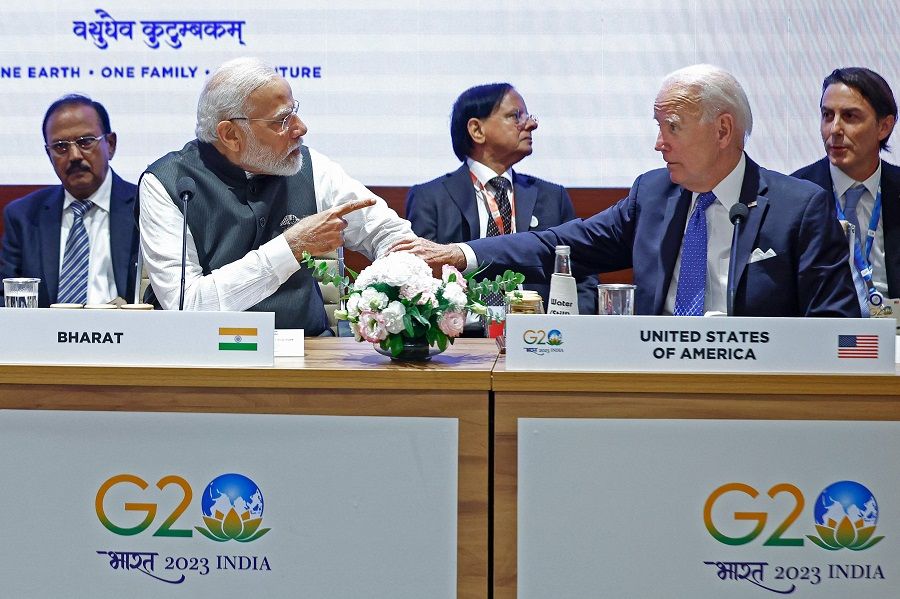 US President Joe Biden (right) and India's Prime Minister Narendra Modi attend a session on Partnership for Global Infrastructure and Investment as part of the G20 summit in New Delhi, India, on 9 September 2023. (Evelyn Hockstein/Pool/AFP)