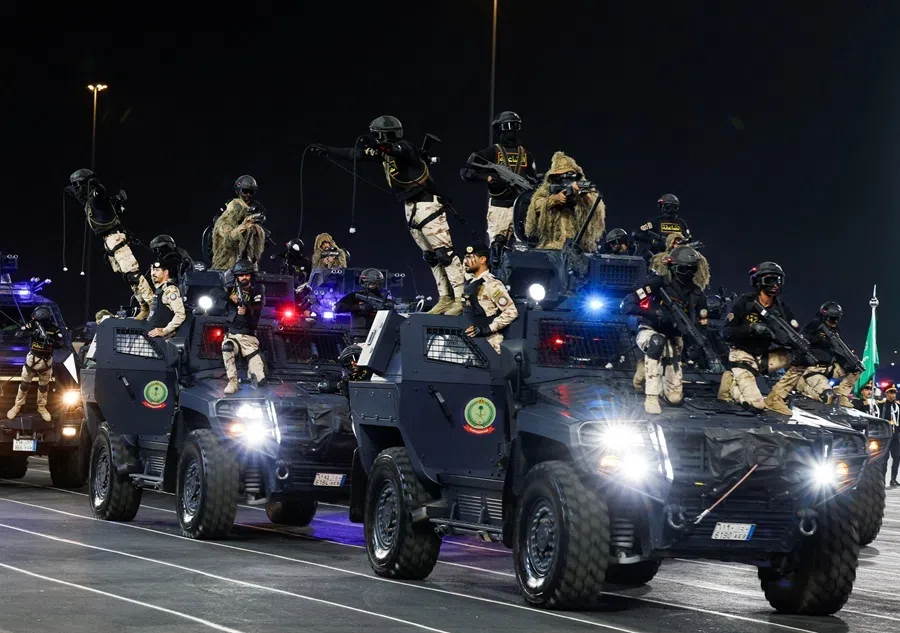 Members of the Saudi security forces take part in a military parade in preparation for the annual Hajj pilgrimage in the holy city of Mecca, Saudi Arabia, on 21 May 2026.