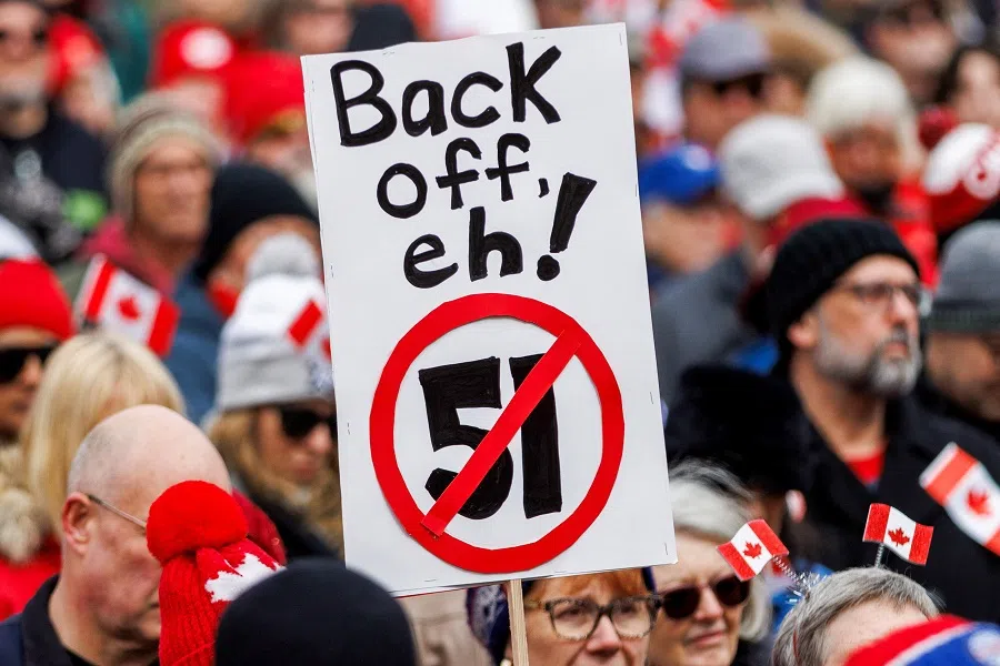Canadians hold an “Elbows Up” protest against US tariffs and other policies by US President Donald Trump, at Nathan Phillips Square in Toronto, Ontario, Canada on 22 March 2025.