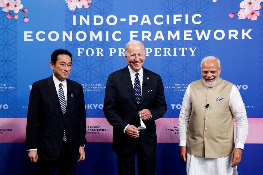 US President Joe Biden (centre), India's Prime Minister Narendra Modi (right) and Japan's Prime Minister Fumio Kishida (left) attend the Indo-Pacific Economic Framework for Prosperity launch event at Izumi Garden Gallery in Tokyo, Japan, 23 May 2022. (Jonathan Ernst/Reuters)