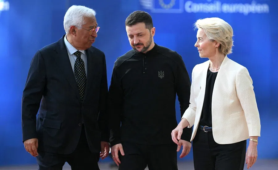European Council President Antonio Costa (left) and European Commission President Ursula von der Leyen (right) greet Ukraine’s President Volodymyr Zelenskyy as he arrives at the Special European Council to discuss continued support for Ukraine and European defence at the EU headquarters in Brussels on 6 March 2025. (Nicolas Tucat/AFP)