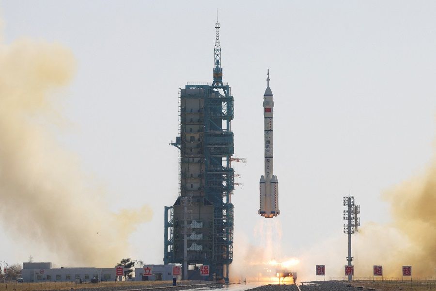 A Long March-2F carrier rocket, carrying the Shenzhou-17 spacecraft, takes off from Jiuquan Satellite Launch Center for a crewed mission to China's Tiangong space station, near Jiuquan, Gansu province, China, on 26 October 2023. (China Daily via Reuters)