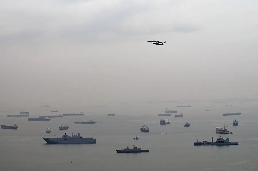 Republic of Singapore Air Force (RSAF) F16C/Ds and F-15SG fighter jets perform a Delta Formation flypast to mark the 50th anniversary of the formation of the Five Power Defence Arrangements (FPDA) - involving member nations Australia, Malaysia, New Zealand, Singapore, and the United Kingdom - in Singapore on 18 October 2021. (Roslan Rahman/AFP)