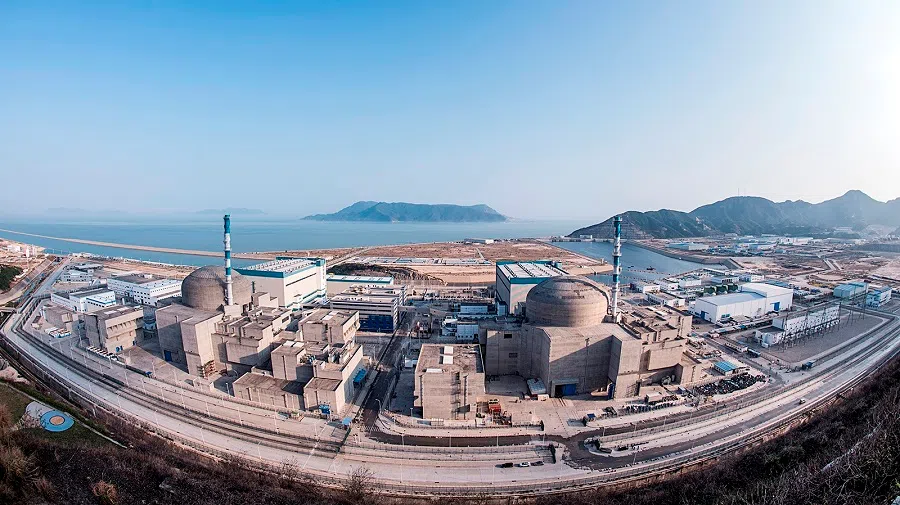 An aerial view of the Taishan Nuclear Power Plant and its two units in Guangdong, China. (Wikimedia)