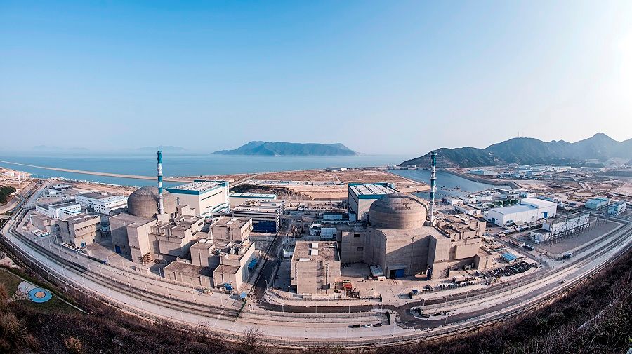 An aerial view of the Taishan Nuclear Power Plant and its two units in Guangdong, China. (Wikimedia)