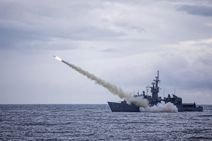 This handout picture taken on 15 July 2020 and released by Taiwan's Defense Ministry shows a warship launching a US-made Harpoon missile during the annual Han Kuang military drill from an unlocated place in the sea near Taiwan. (Handout/Taiwan Defense Ministry/AFP)