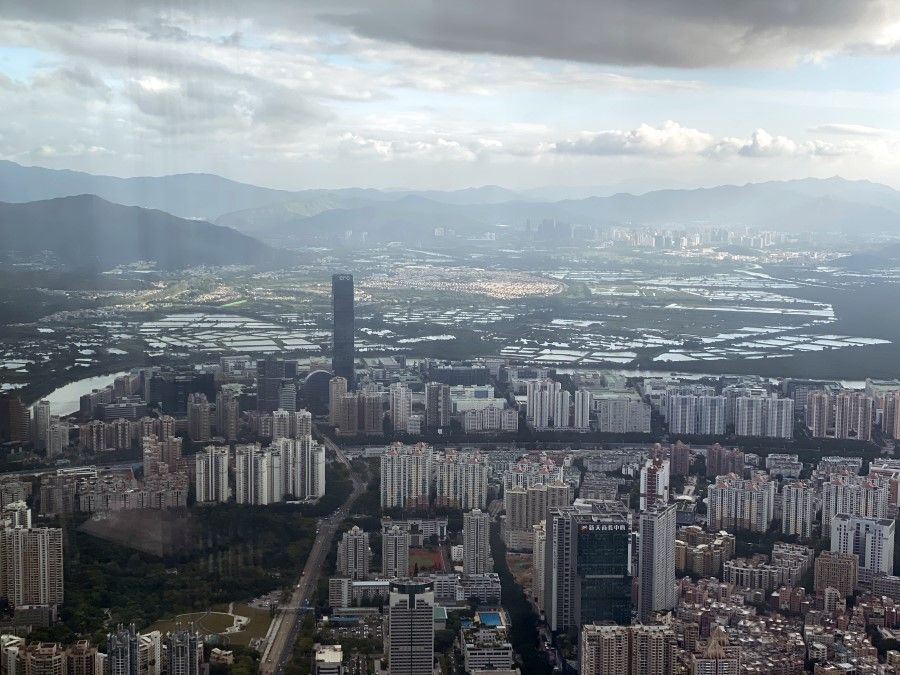 A bird's-eye view of China's Shenzhen city, with Hong Kong in the distance, shot on 27 September 2020. (SPH)