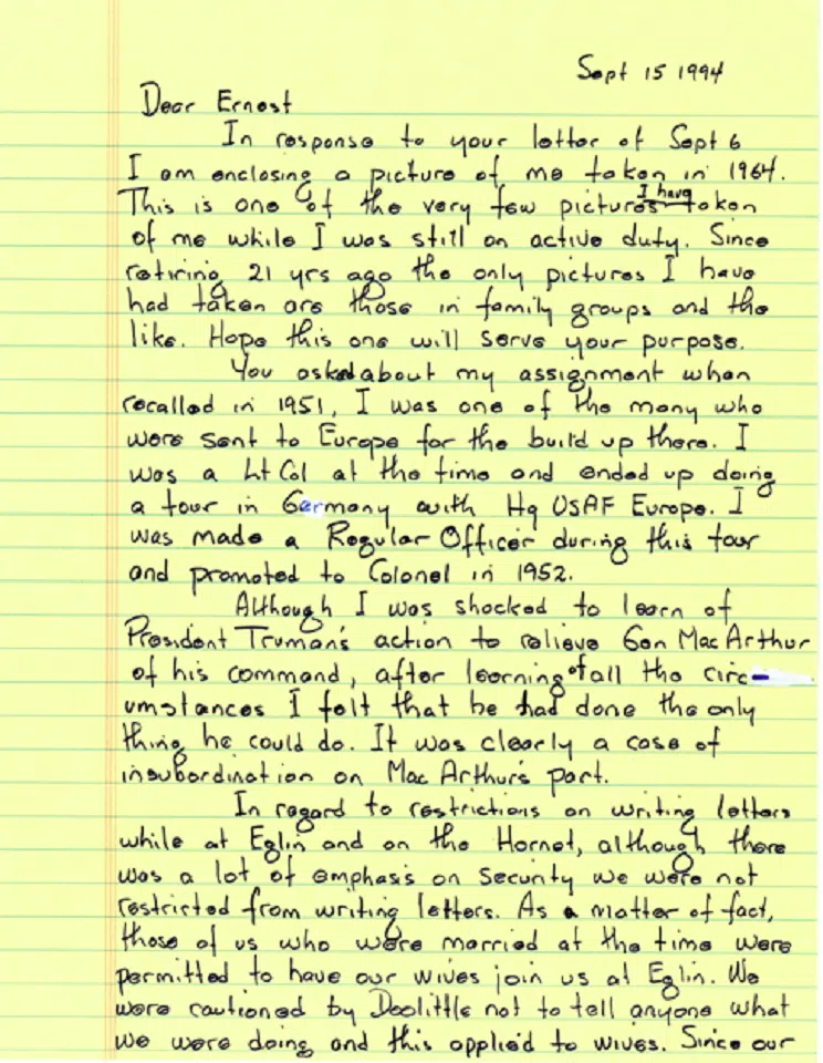 On 15 September 1994, “Doolittle Raider” James H. Macia Jr. replied to a letter from a student named Ernest. He said the Doolittle Raid was a secret at the time, and James Doolittle warned them not to tell their families. (1 of 3)