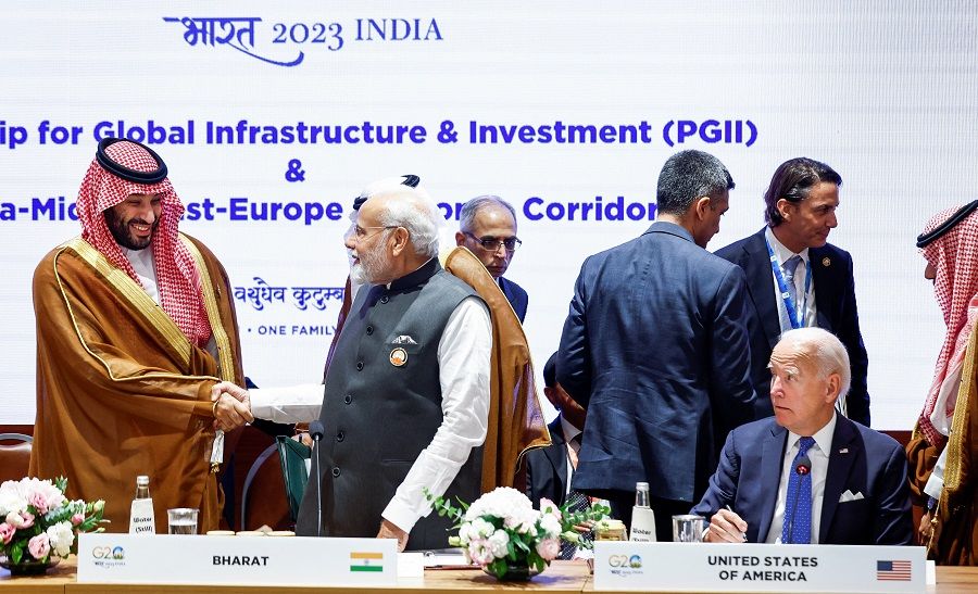 Saudi Arabian Crown Prince Mohammed bin Salman Al Saud, Indian Prime Minister Narendra Modi and US President Joe Biden attend the Partnership for Global Infrastructure and Investment event on the day of the G20 summit in New Delhi, India, on 9 September 2023. (Evelyn Hockstein/Pool/Reuters)