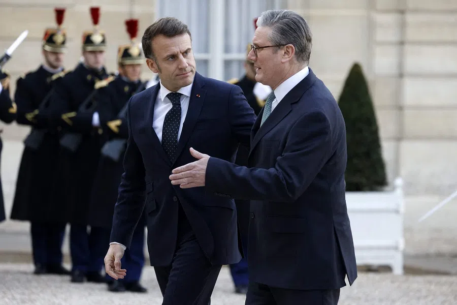 France’s President Emmanuel Macron welcomes Britain’s Prime Minister Keir Starmer before an informal summit of European leaders to discuss the situation in Ukraine and European security at The Elysee Presidential Palace in Paris on 17 February 2025. (Ludovic Marin/AFP)