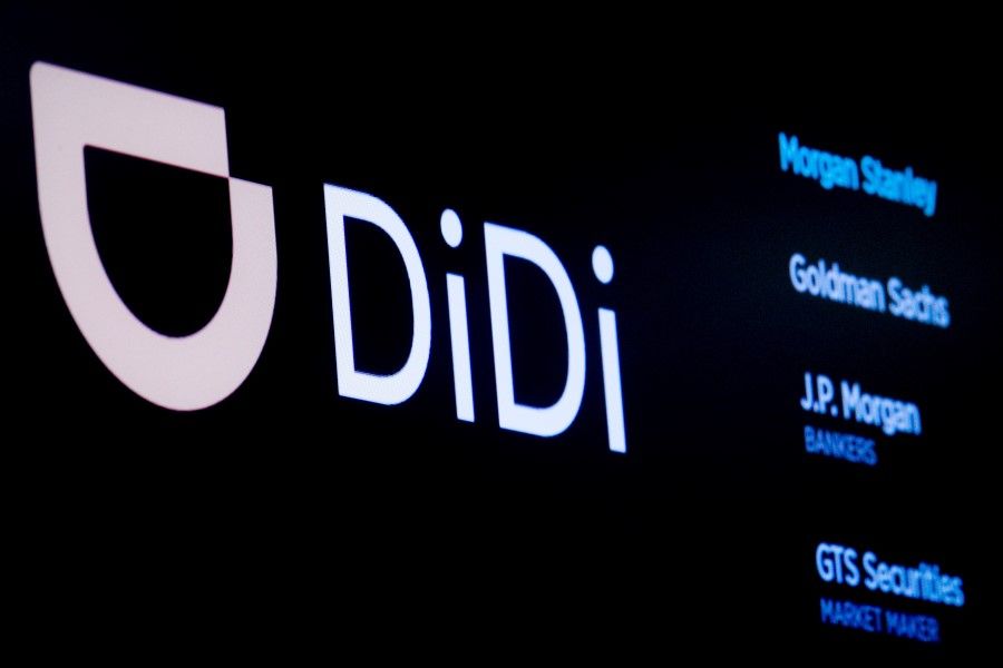 The logo for Chinese ride-hailing company Didi Global Inc is pictured during the IPO on the New York Stock Exchange (NYSE) floor in New York City, US, 30 June 2021. (Brendan McDermid/Reuters)