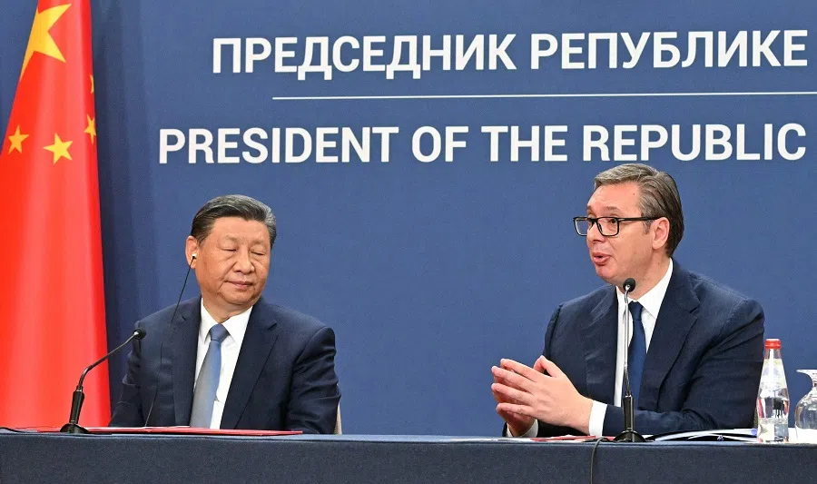 Chinese President Xi Jinping and Serbian President Aleksandar Vucic give a press conference after signing bilateral documents, in Belgrade, on 8 May 2024. (Elvis Barukcic/AFP)