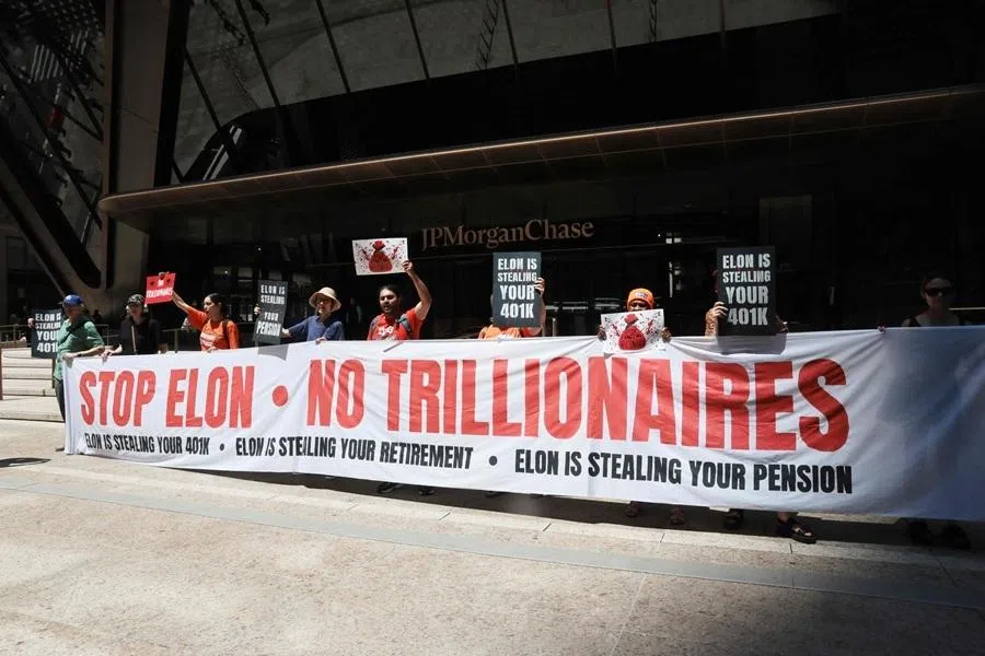 Protesters gather outside of JP Morgan's New York Headquarters on 12 June 2026 in New York City.