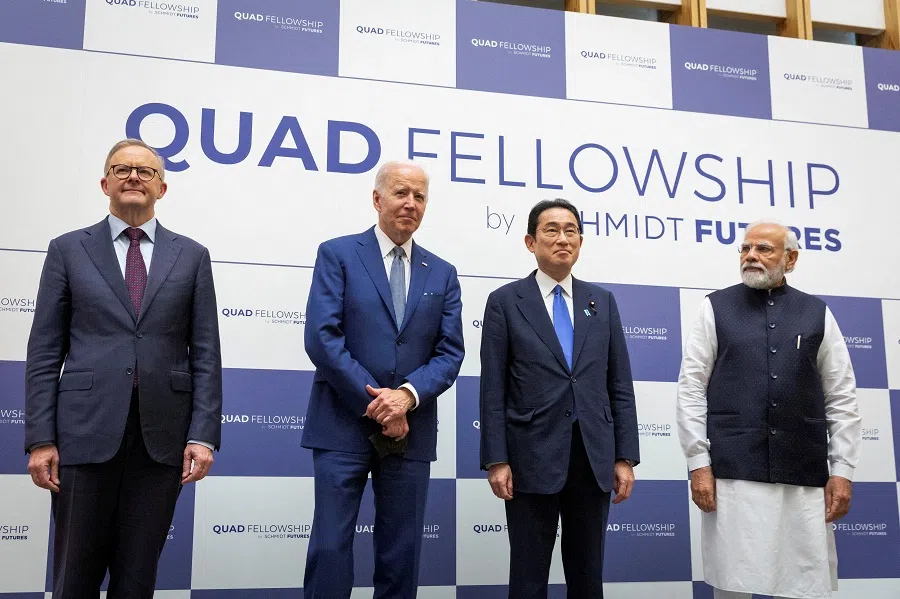(left to right) Australian Prime Minister Anthony Albanese, US President Joe Biden, Japanese Prime Minister Fumio Kishida and Indian Prime Minister Narendra Modi attend the Japan-US-Australia-India Fellowship Founding Celebration event, in Tokyo, Japan, 24 May 2022. (Yuichi Yamazaki/Pool via Reuters)