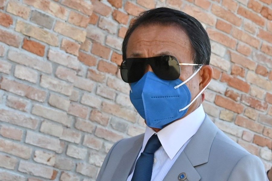Japan's Deputy Prime Minister Taro Aso arrives for the G20 finance ministers and central bankers meeting in Venice on 9 July 2021. (Andreas Solaro/AFP)